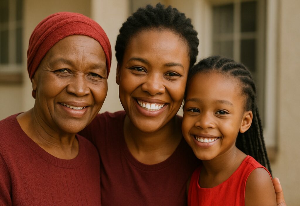 African mother, grandmother and child wearing red