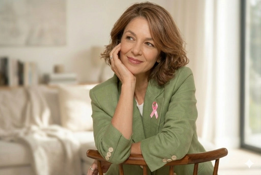 Women with pink cancer ribbon.